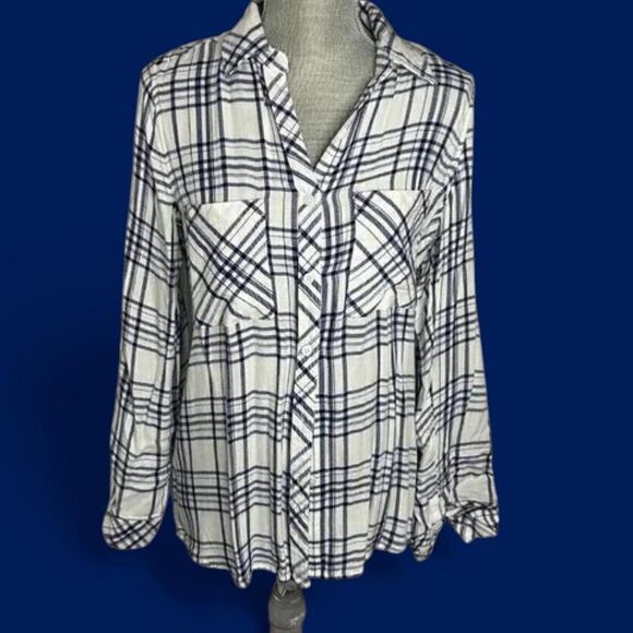 Cotton Navy & White BButton-up Plaid Women's Flannel - Picture 2 of 5